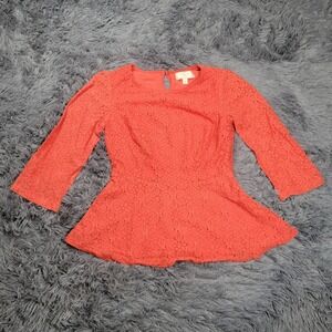 Moulinette Soeurs Blouse Womens 4 Orange Floral Lace Peplum Hem 34 Sleeve Top